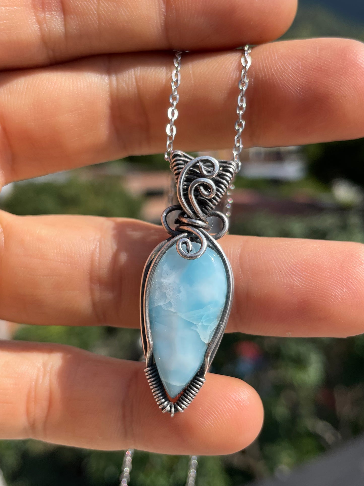Collar con Larimar, Piedra Natural, Dije en Hilo de Plata 925