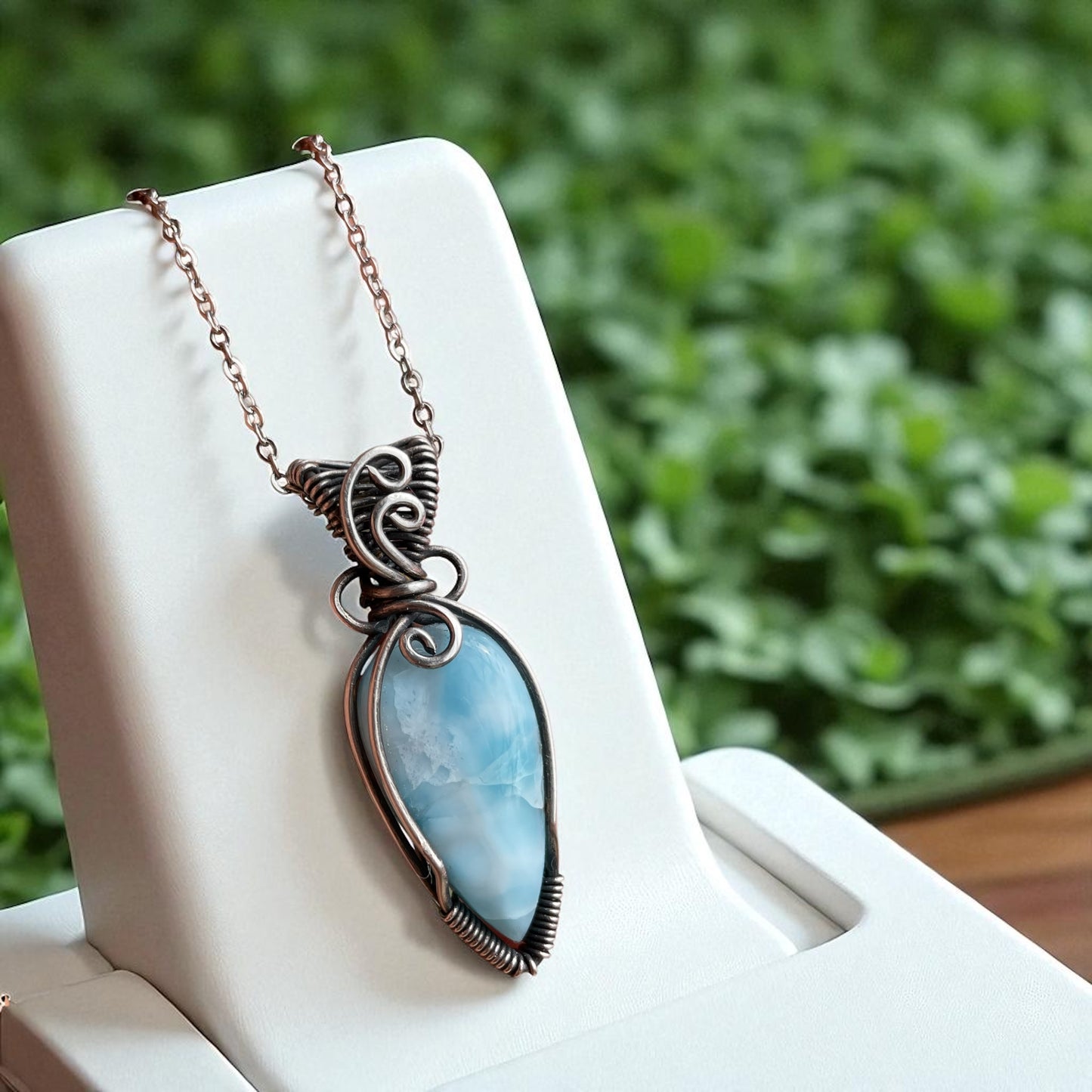 Collar con Larimar, Piedra Natural, Dije en Hilo de Plata 925